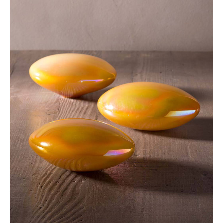 Yellow Iridescent Hand-Blown Glass Garden Stones, Set of 3