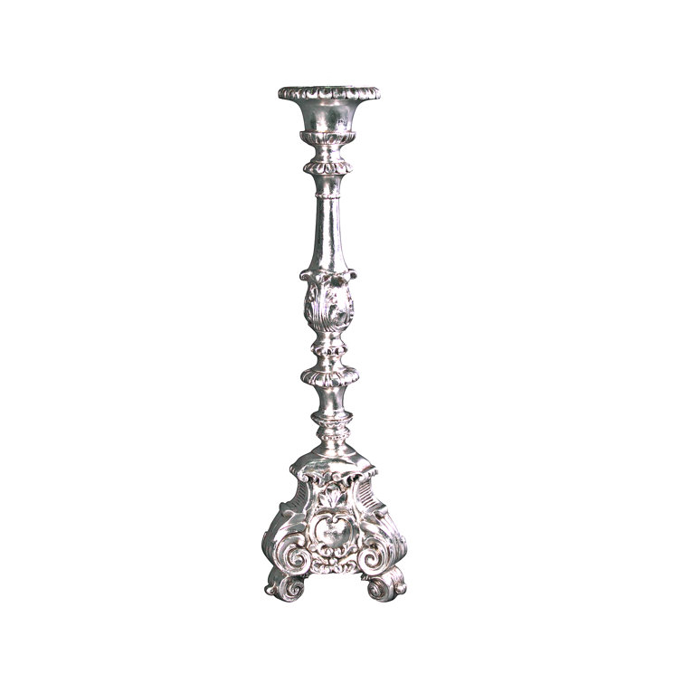 Elegant Baroque Scroll-Footed Silver Leaf Resin Candlesticks, Set of 2