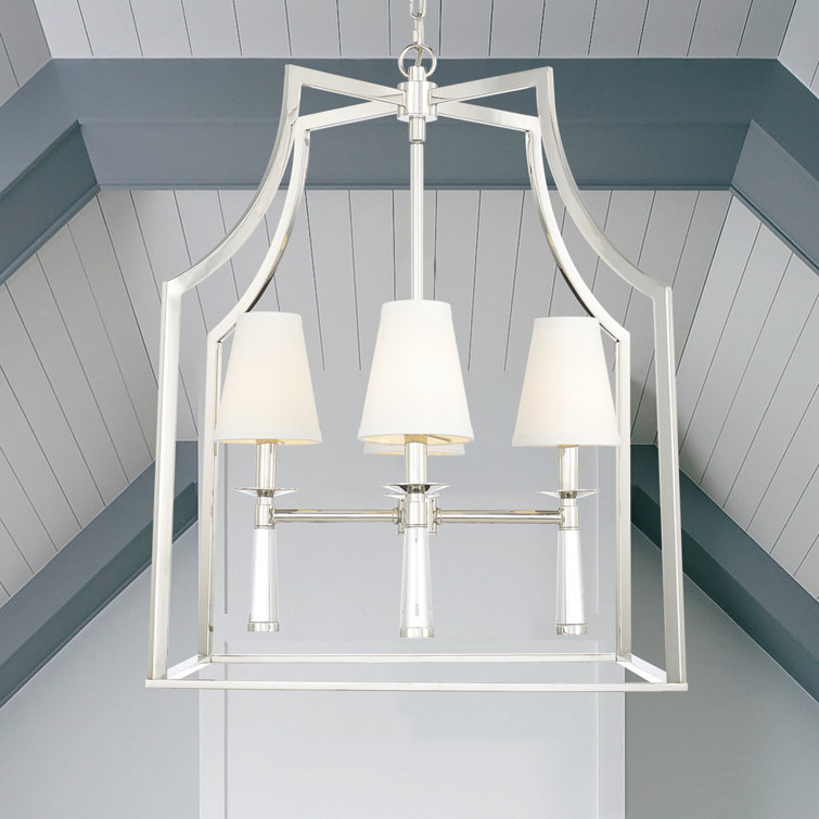 Polished Nickel 4-Light Chandelier with White Silk Shades