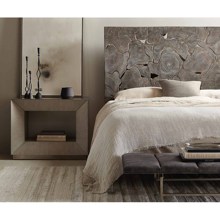Transitional Cerused Greige Oak Nightstand with Tarnished Nickel Accents