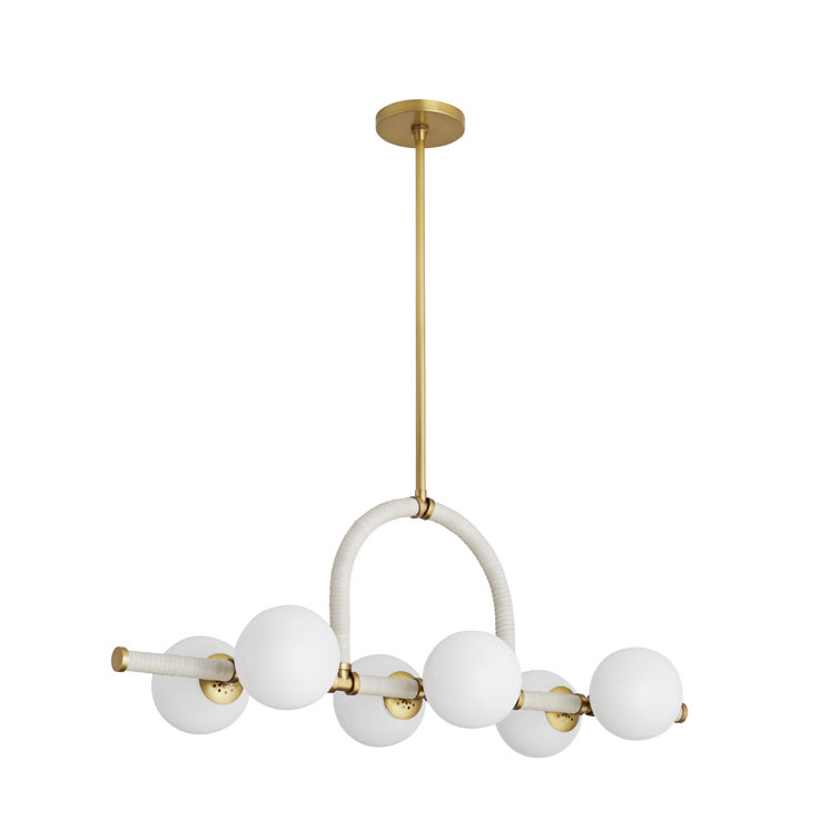 Antique Brass and Cream Leather 6-Light Chandelier
