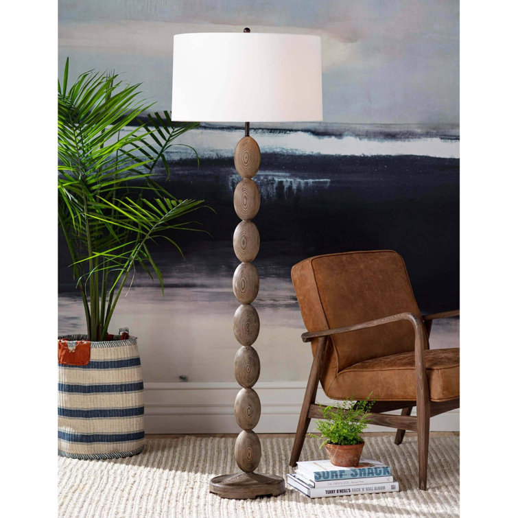 Coastal Birch Wood Buoy Floor Lamp with Linen Shade