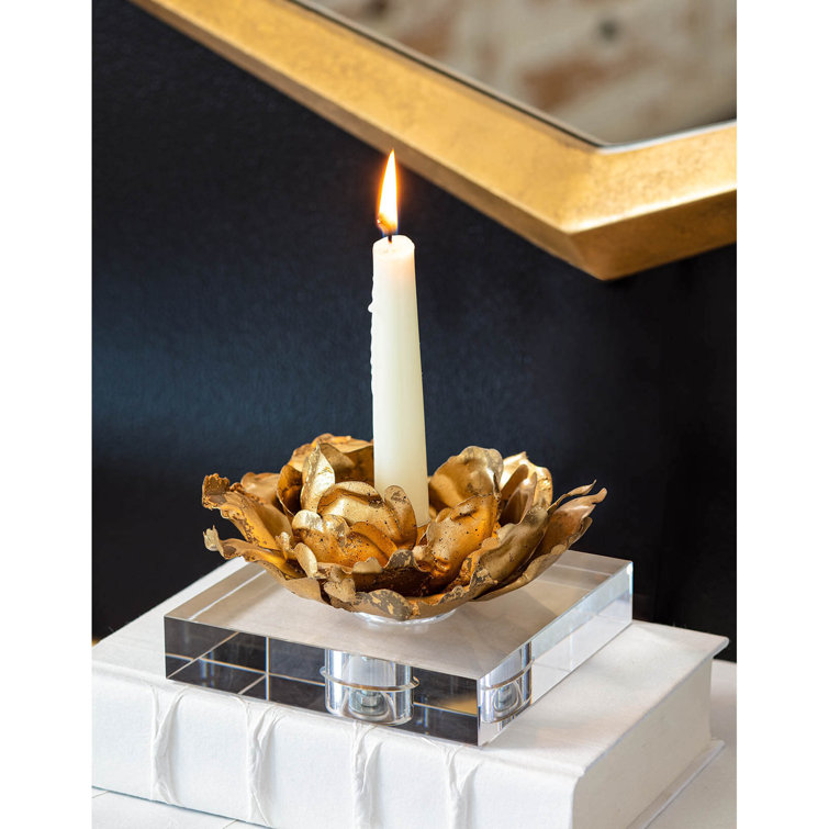 Bronze Blossom Pedestal Candlestick with Crystal Base