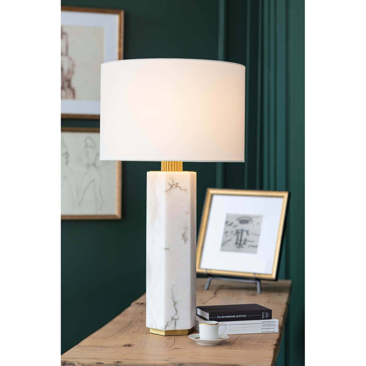 Hexagonal Alabaster Table Lamp with Linen Shade