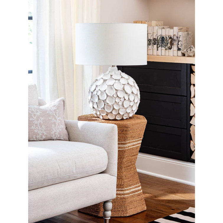 Lucia White Linen Table Lamp with Polished Nickel Accents