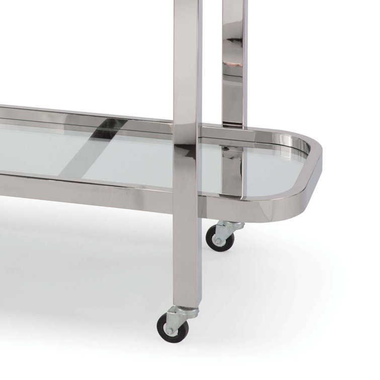 Carter Polished Stainless Steel Rectangular Bar Cart with Glass Shelves