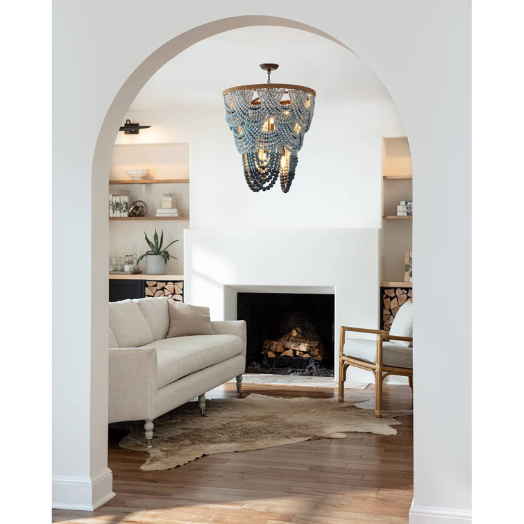 Blue Ombre Beaded Birch Wood 8-Light Chandelier