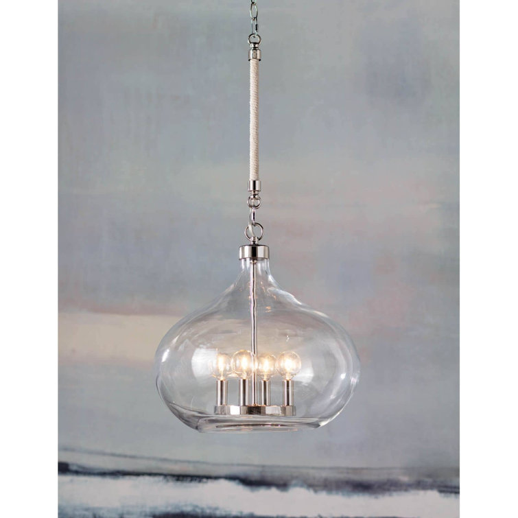 Raindrop Glass & Polished Nickel 4-Light Coastal Pendant
