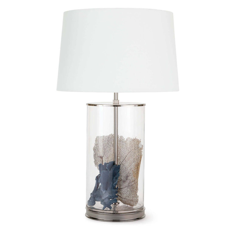 Magelian 32" Glass Table Lamp with Polished Nickel Accents and Linen Shade