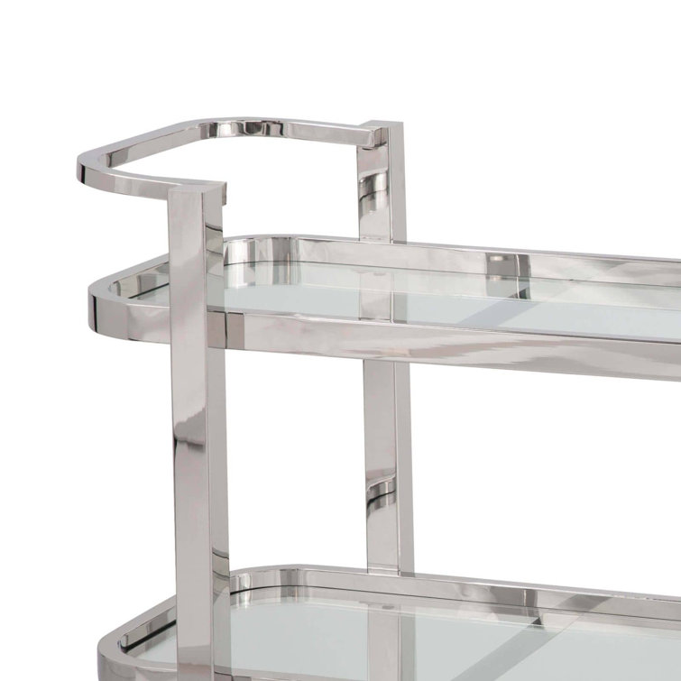 Carter Polished Stainless Steel Rectangular Bar Cart with Glass Shelves