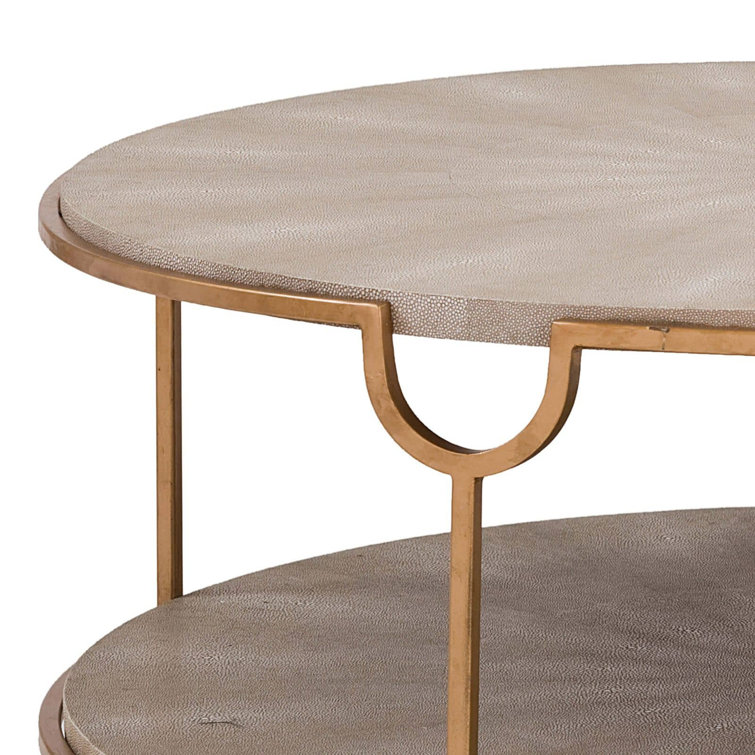 Ivory Gray Shagreen Round Metal Coffee Table with Brass Base