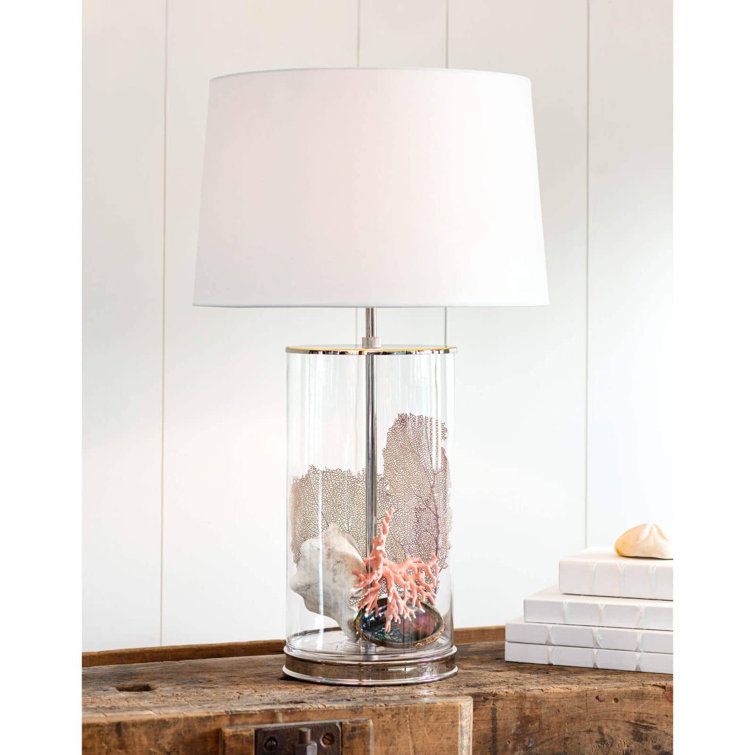 Magelian 32" Glass Table Lamp with Polished Nickel Accents and Linen Shade