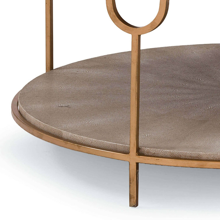 Ivory Gray Shagreen Round Metal Coffee Table with Brass Base