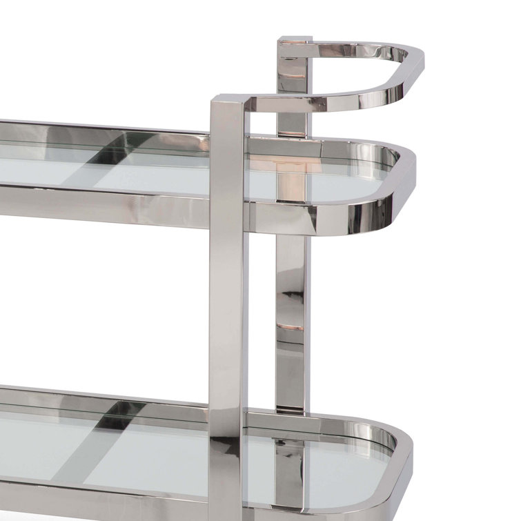 Carter Polished Stainless Steel Rectangular Bar Cart with Glass Shelves