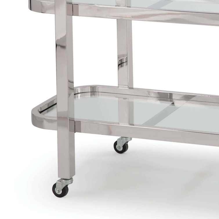 Carter Polished Stainless Steel Rectangular Bar Cart with Glass Shelves