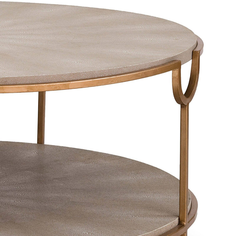 Ivory Gray Shagreen Round Metal Coffee Table with Brass Base