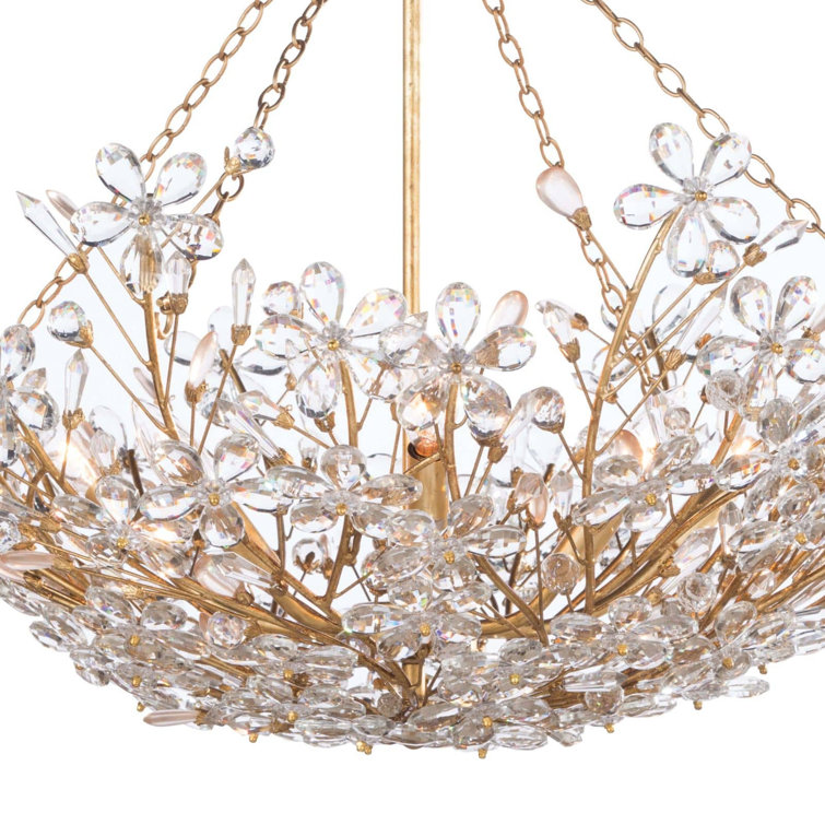 Elegant Gold Leaf 27.5" Chandelier with Crystal Accents