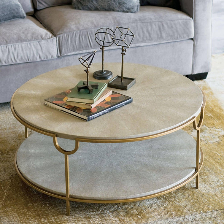Ivory Gray Shagreen Round Metal Coffee Table with Brass Base