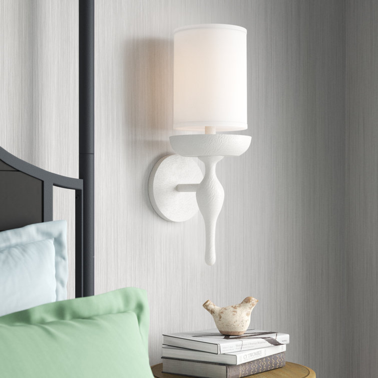 Lumina Coastal Charm White Plaster 1-Light Sconce with Linen Shade