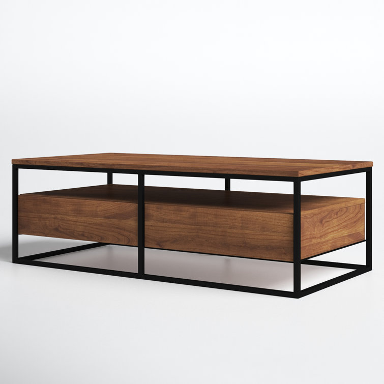 Light Brown Rectangular Solid Wood Coffee Table with Storage