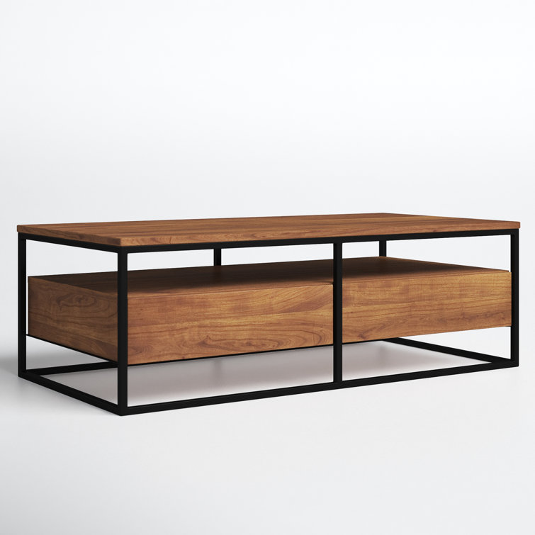Light Brown Rectangular Solid Wood Coffee Table with Storage