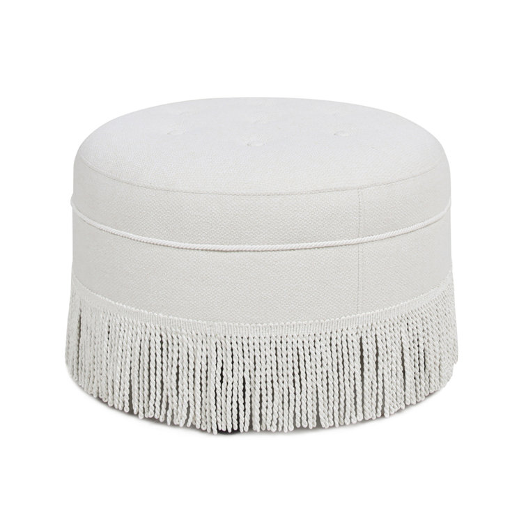 Alabaster Off-White Tufted Round Ottoman with Fringe
