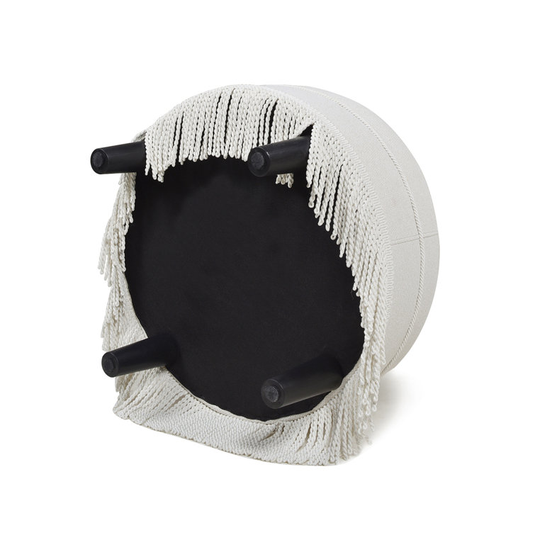 Alabaster Off-White Tufted Round Ottoman with Fringe