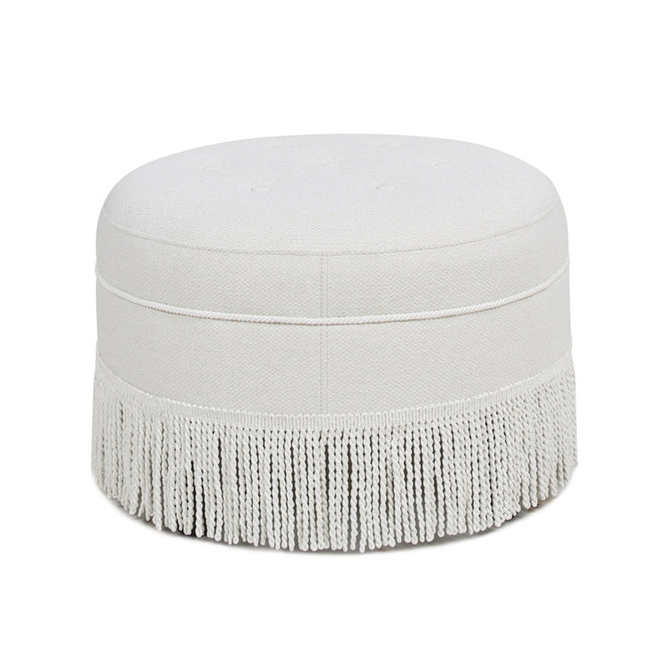 Alabaster Off-White Tufted Round Ottoman with Fringe