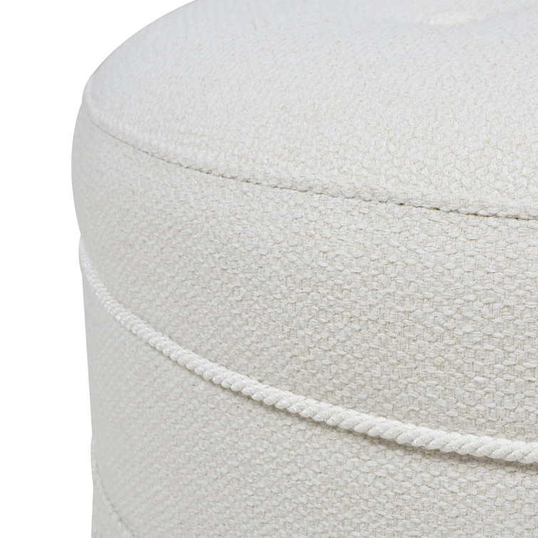 Alabaster Off-White Tufted Round Ottoman with Fringe