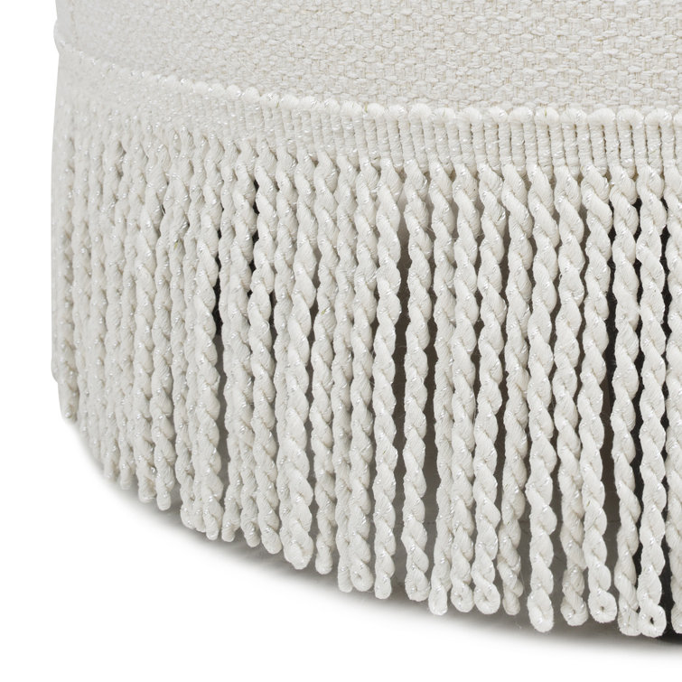 Alabaster Off-White Tufted Round Ottoman with Fringe