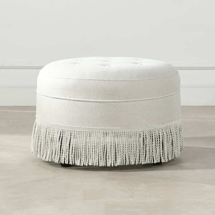Alabaster Off-White Tufted Round Ottoman with Fringe