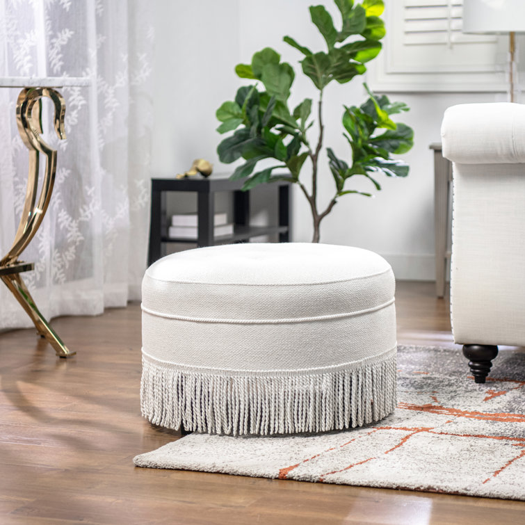 Alabaster Off-White Tufted Round Ottoman with Fringe