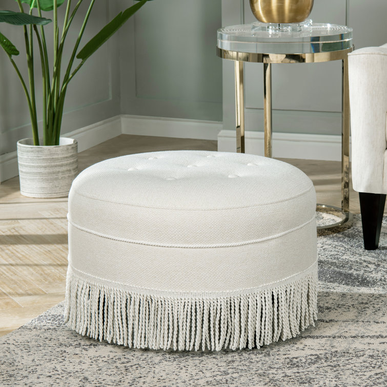 Alabaster Off-White Tufted Round Ottoman with Fringe