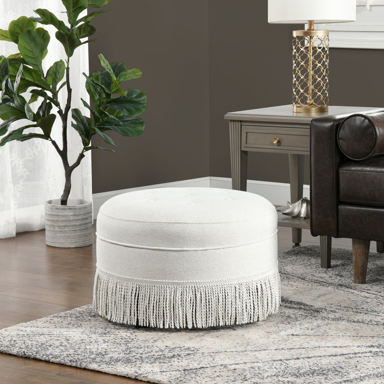 Alabaster Off-White Tufted Round Ottoman with Fringe