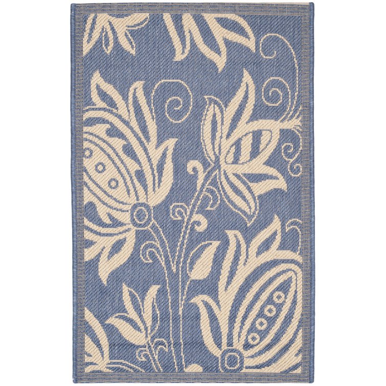 Blue and Natural Floral Synthetic Rectangular Rug, 2'7" x 5'