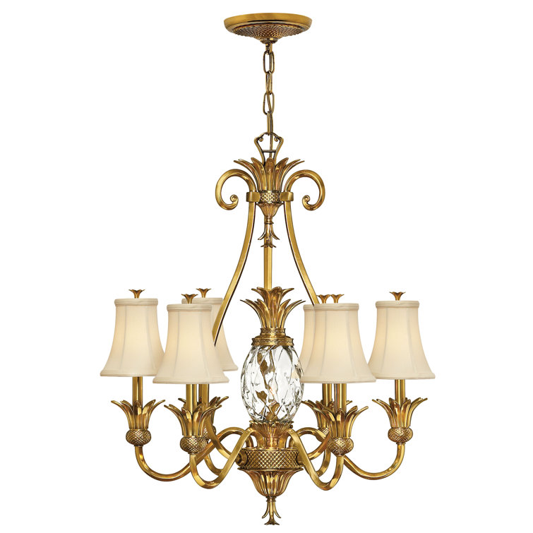 Elegant Burnished Brass 7-Light Chandelier with Ivory Silk Shades