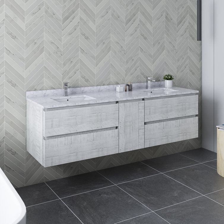 Rustic White 72'' Double Wall-Mount Vanity with Quartz Top