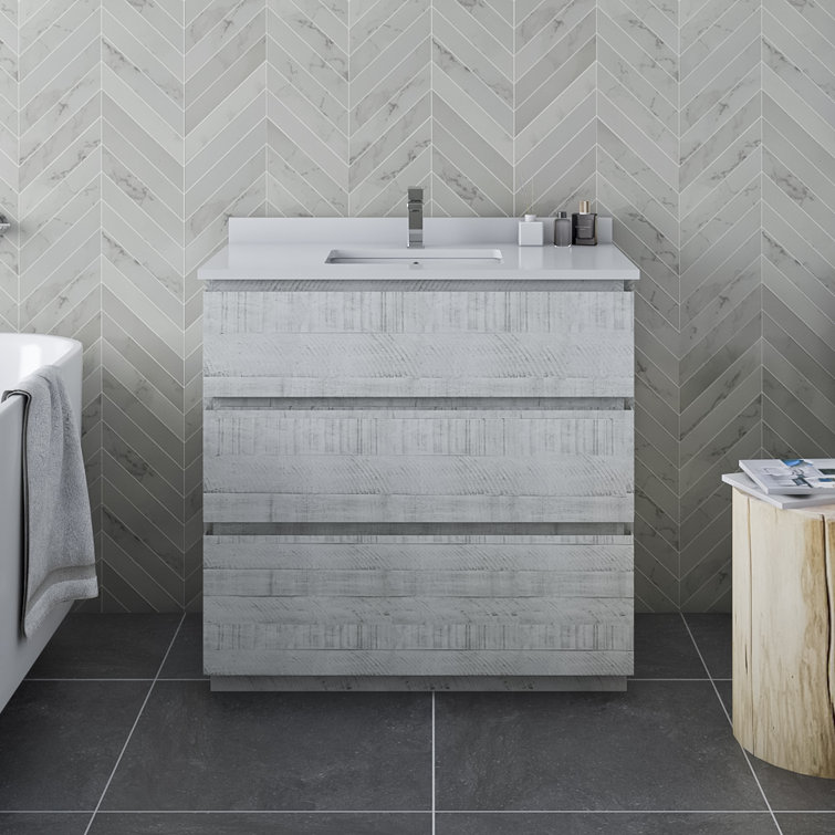 Rustic White Acacia Wood Freestanding Single Sink Bathroom Vanity