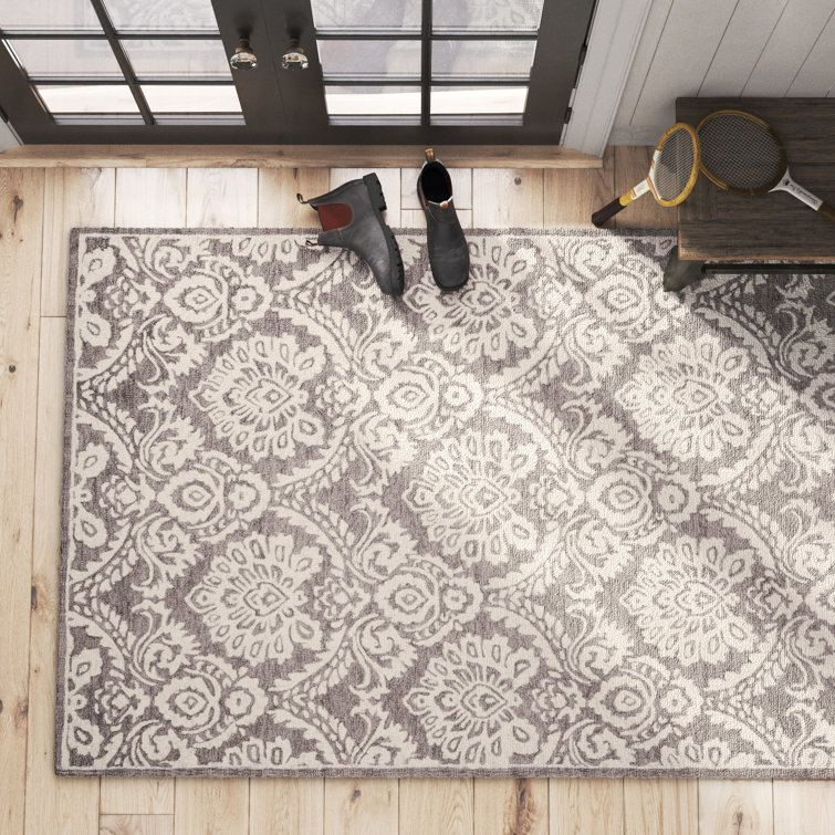 Handmade Tufted Gray Wool Floral Area Rug 59" x 7"