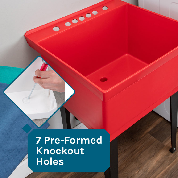 Red Thermoplastic Freestanding Utility Sink with Black Faucet