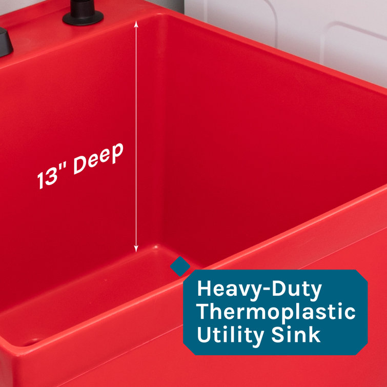 Red Thermoplastic Freestanding Utility Sink with Black Faucet