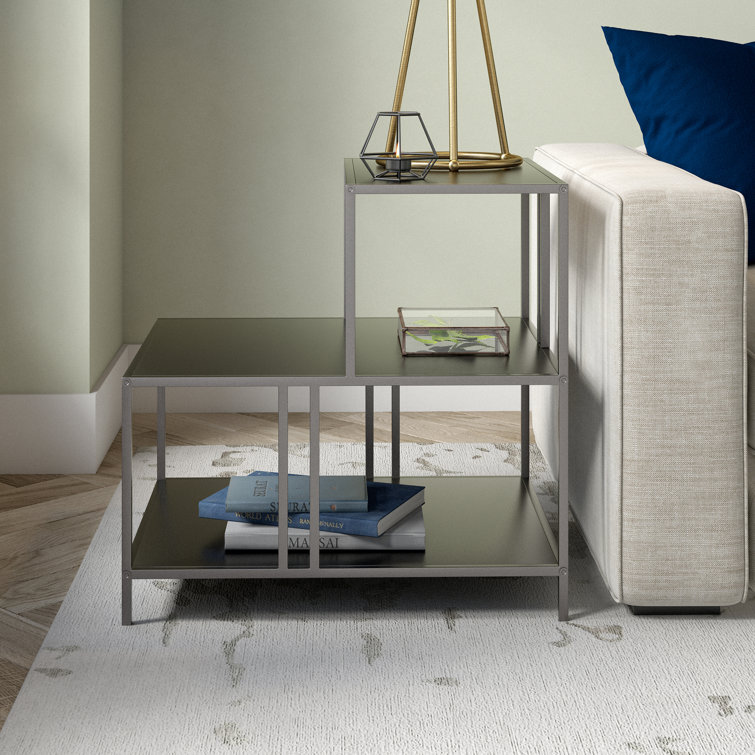 Gunmetal Gray Rectangular Metal Side Table with Shelves