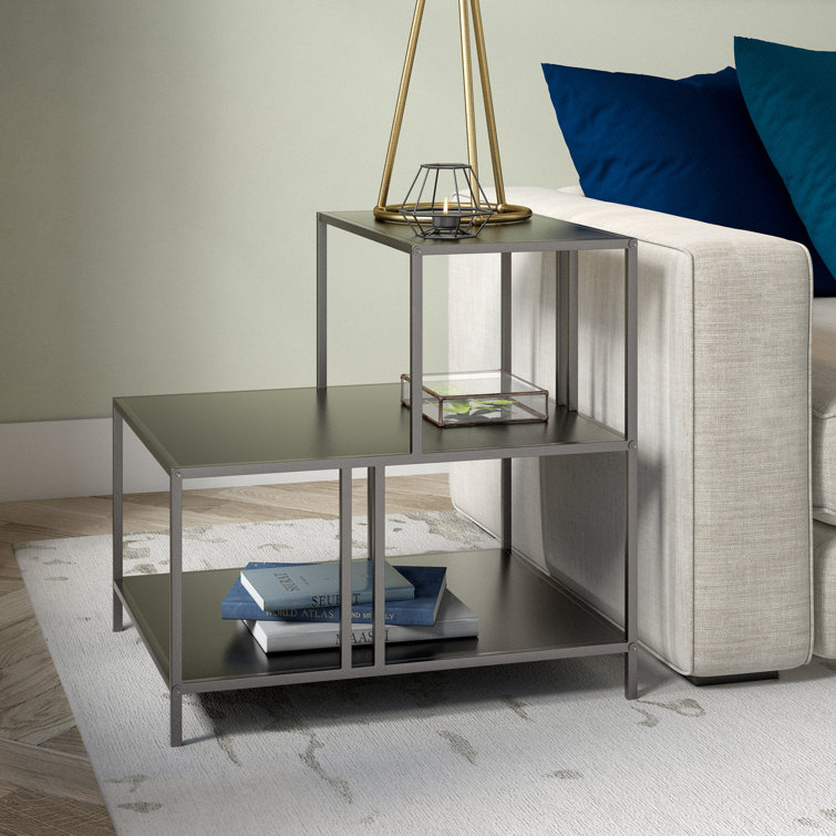 Gunmetal Gray Rectangular Metal Side Table with Shelves
