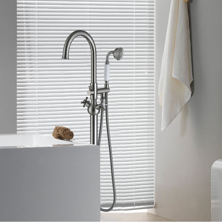 Brushed Nickel Freestanding Tub Filler with Handheld Shower