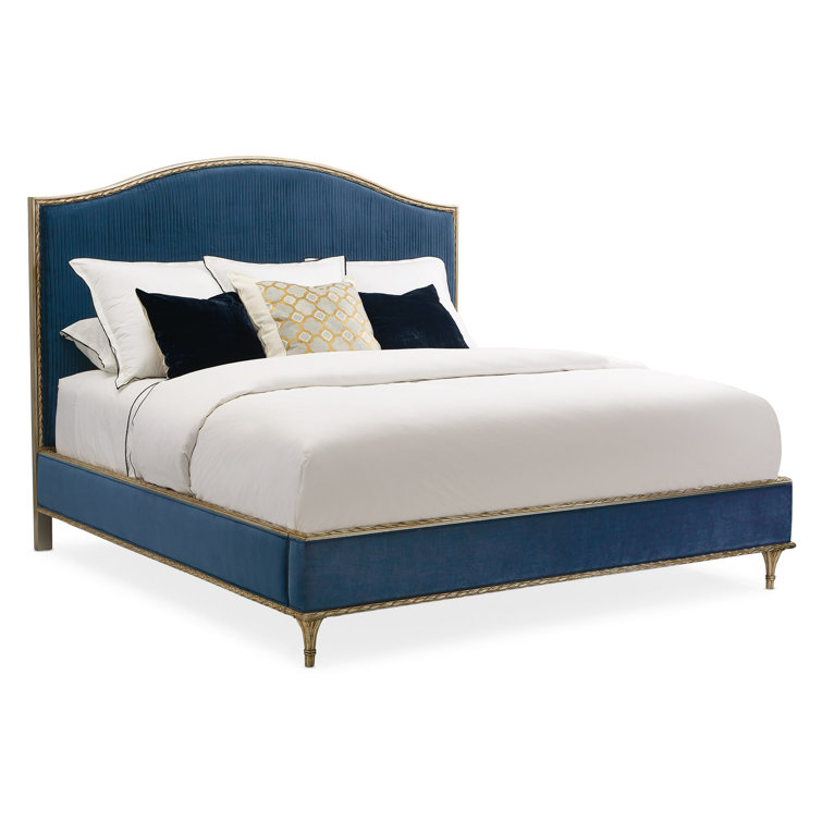 King Blue and Gold Tufted Upholstered Bed with Wood Frame