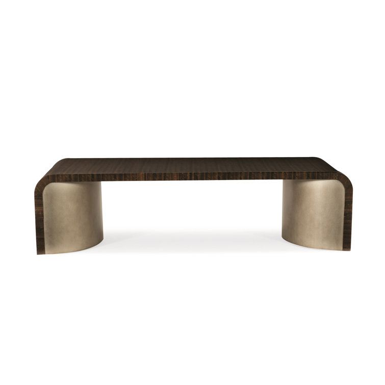 Aged Bourbon Rectangular Wood Cocktail Table with Bronze Pedestals