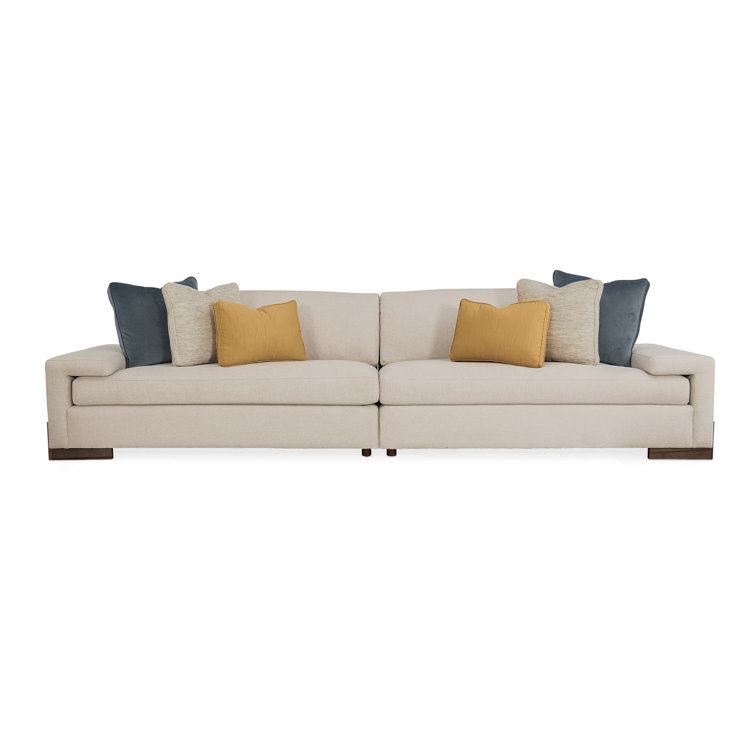 Beige Linen Two-Piece Sectional Sofa with Slate and Goldenrod Pillows