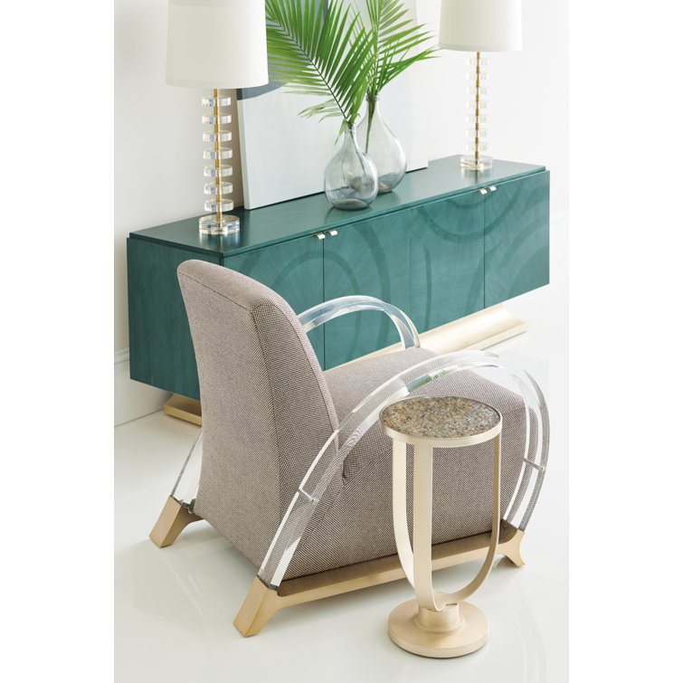 Transitional Beige Metal Base Accent Chair with Acrylic Arms