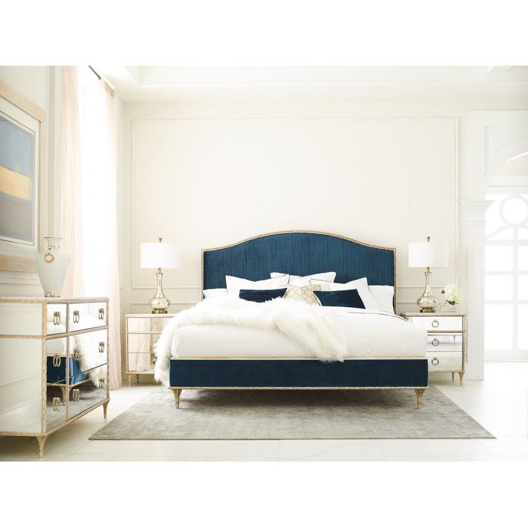 King Blue and Gold Tufted Upholstered Bed with Wood Frame