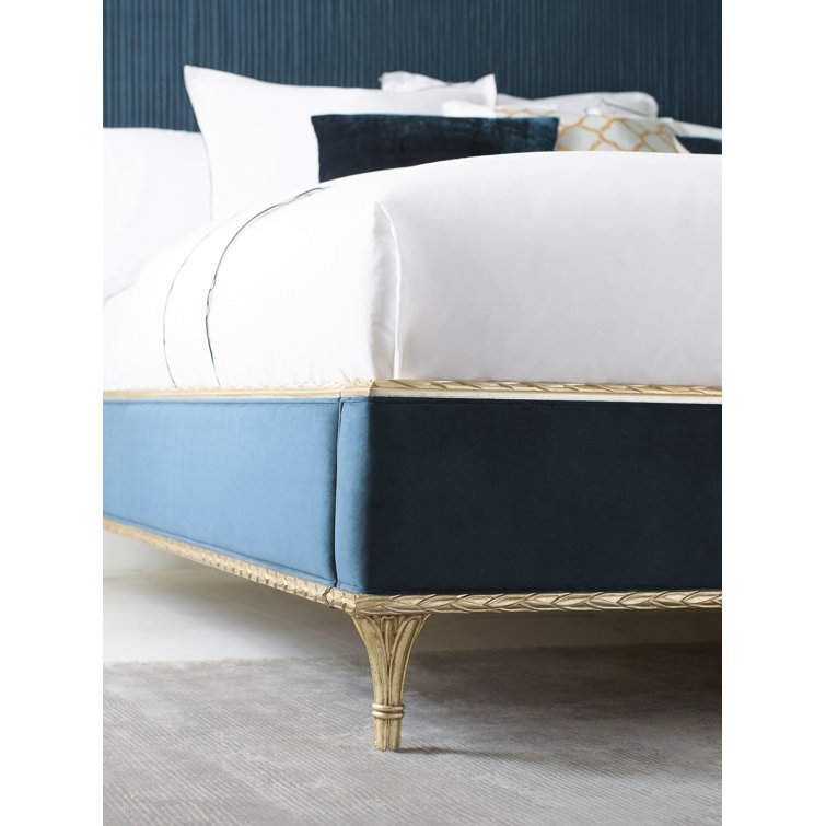 King Blue and Gold Tufted Upholstered Bed with Wood Frame
